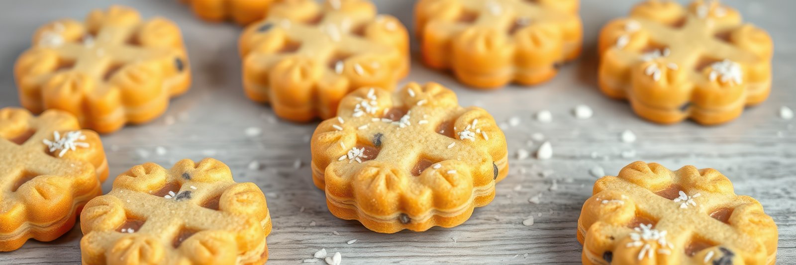 Delicious homemade cookies shaped like snowflakes arranged on a wooden surface sprinkled with sugar